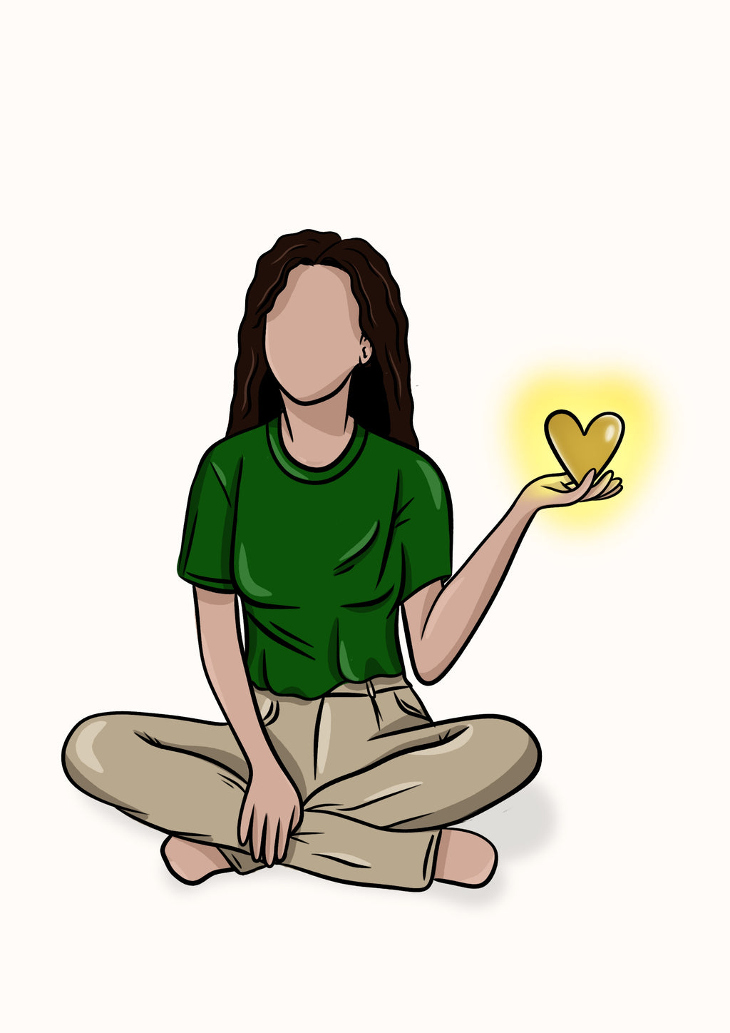 Illustration d’une femme assise par terre, avec un cœur dans sa main qui s’illumine comme le soleil 