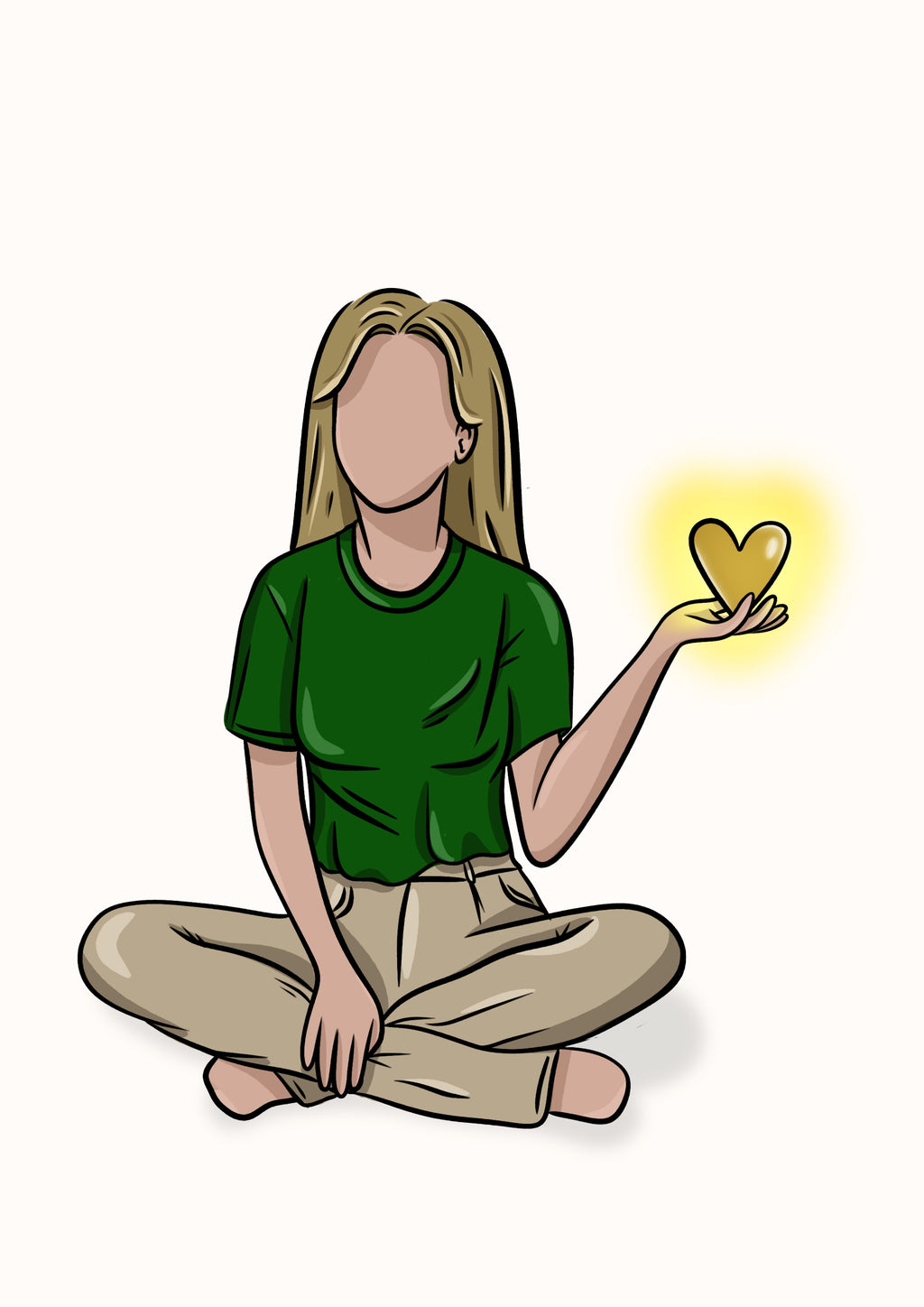 Illustration d’une femme assise par terre, avec un cœur dans sa main qui s’illumine comme le soleil 