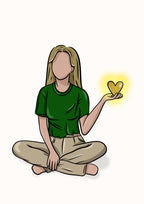 Illustration d’une femme assise par terre, avec un cœur dans sa main qui s’illumine comme le soleil 