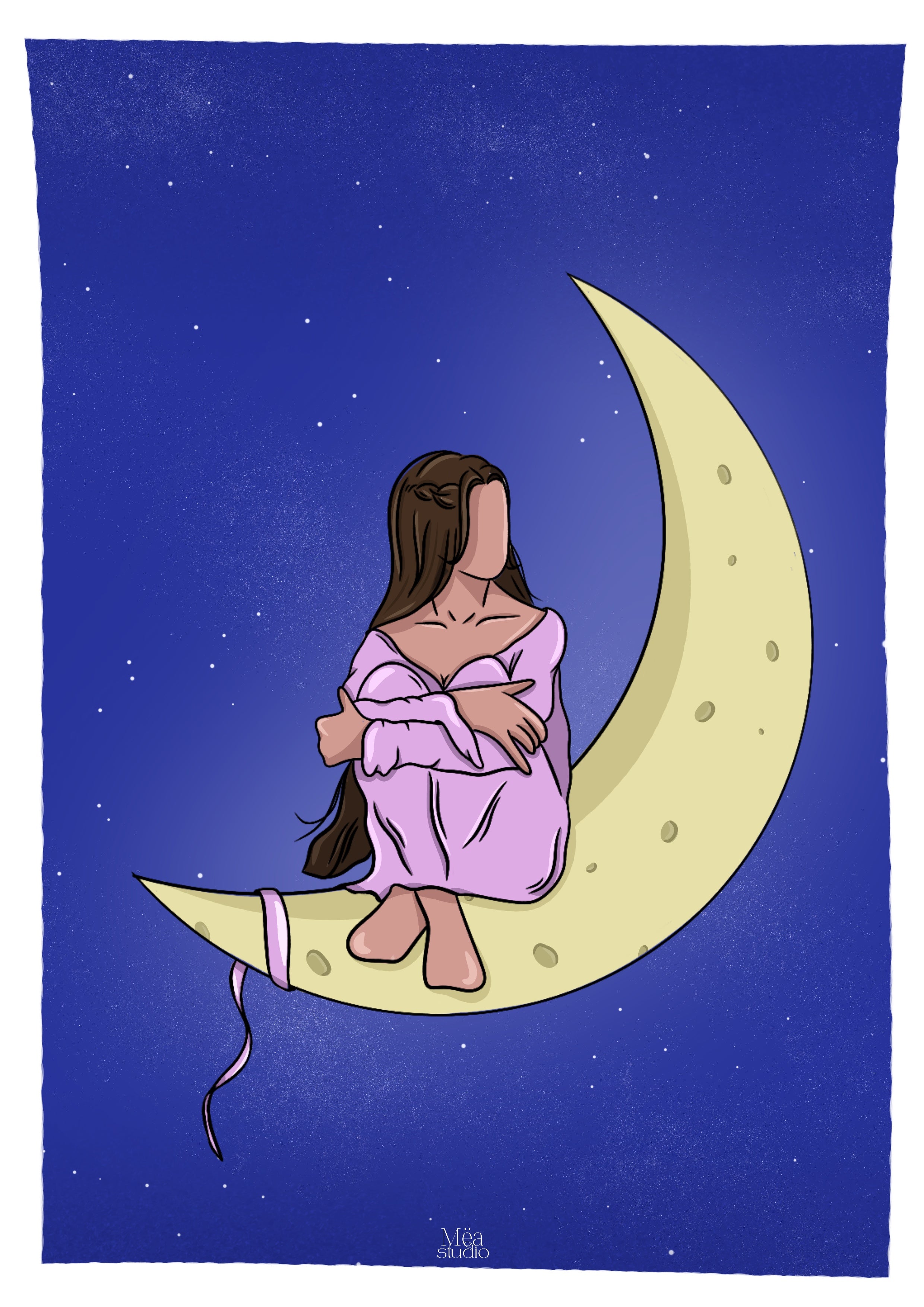 Illustration d’une femme assise sur la lune