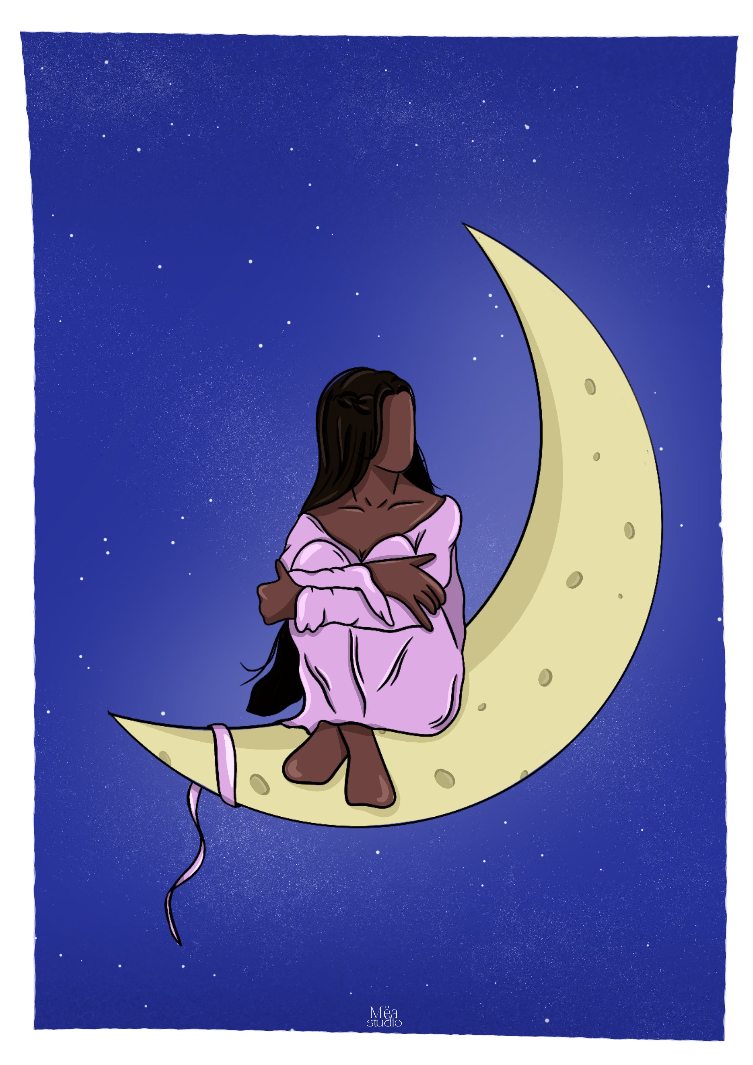 Illustration d’une femme assise sur la lune