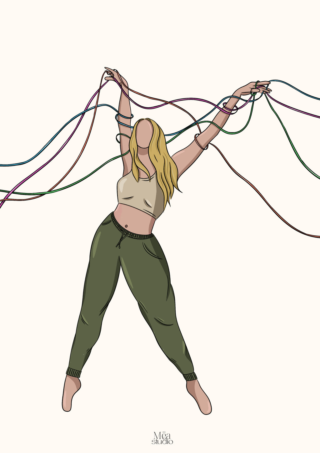 Illustration d’une femme avec des rubans qui s’entremêlent autour d’elle. 