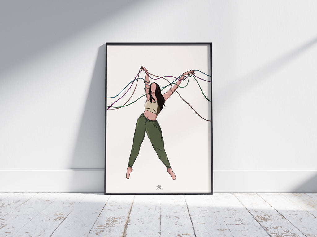 Photo d’un cadre, d’une illustration d’une femme avec des rubans qui s’entremêlent autour d’elle. 