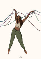 Illustration d’une femme avec des rubans qui s’entremêlent autour d’elle. 