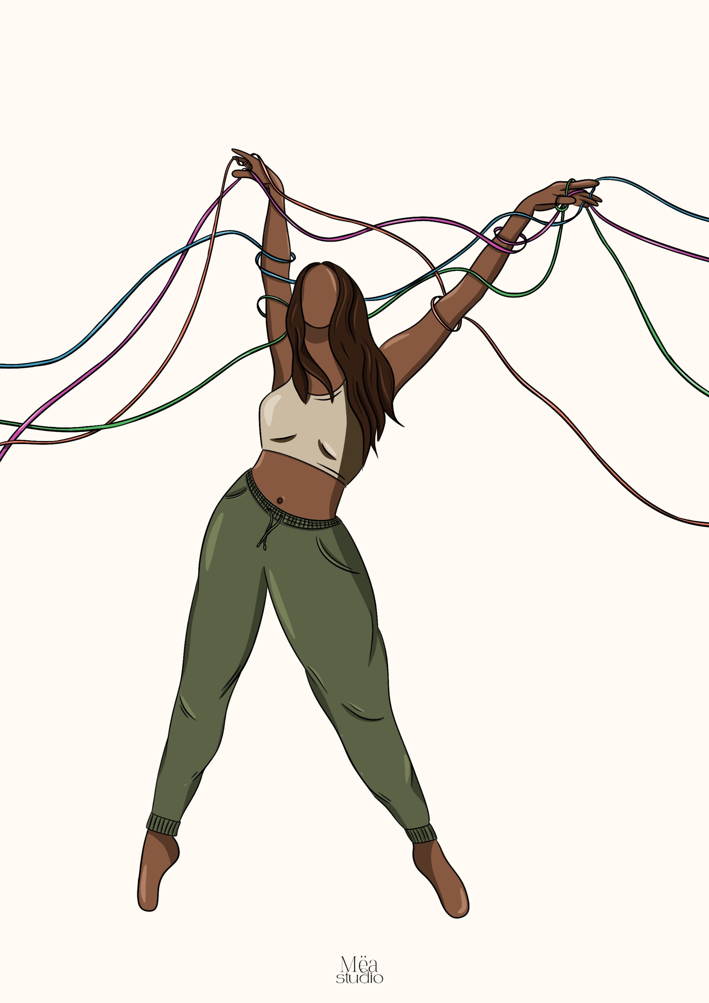 Illustration d’une femme avec des rubans qui s’entremêlent autour d’elle. 