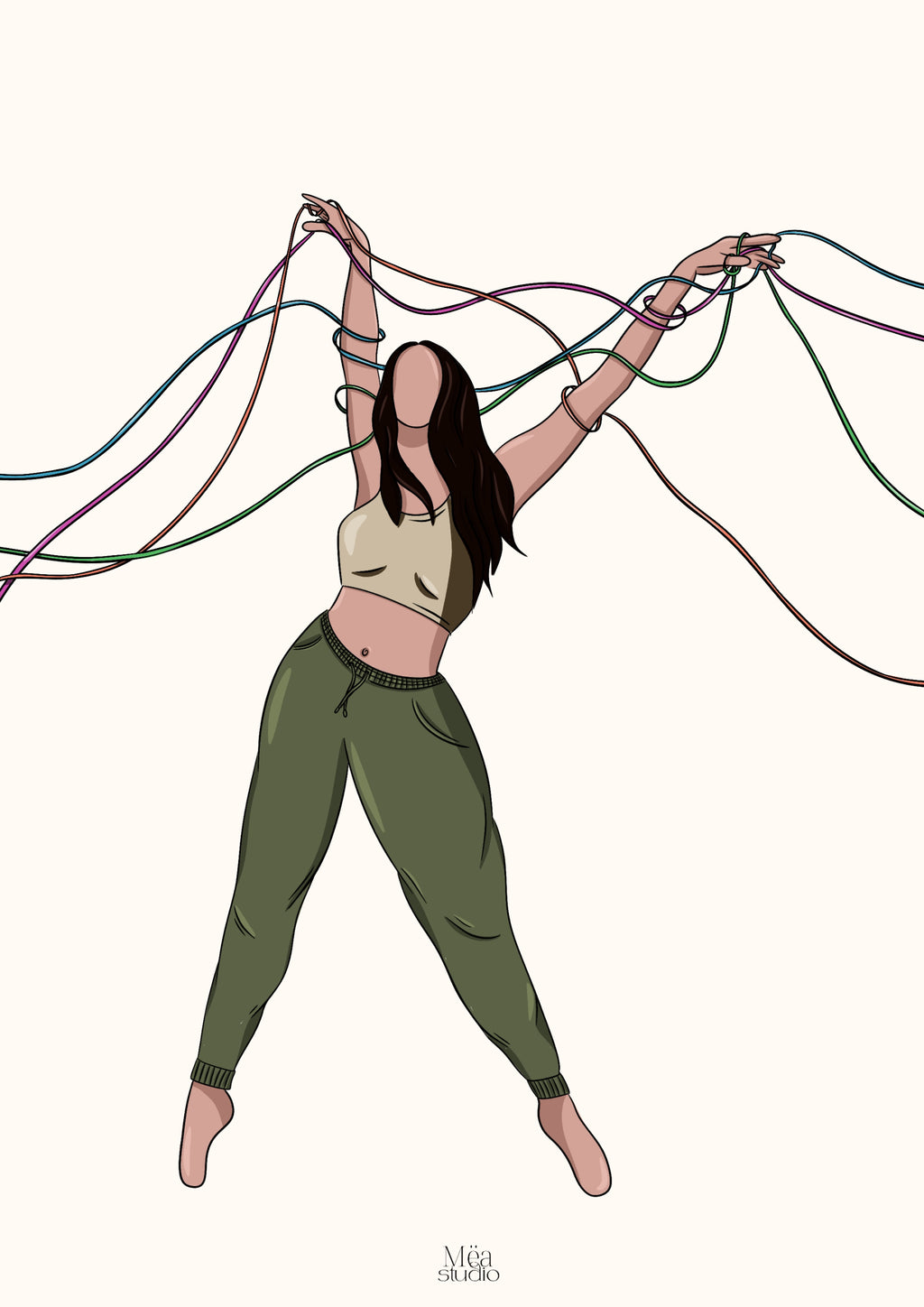 Illustration d’une femme avec des rubans qui s’entremêlent autour d’elle. 