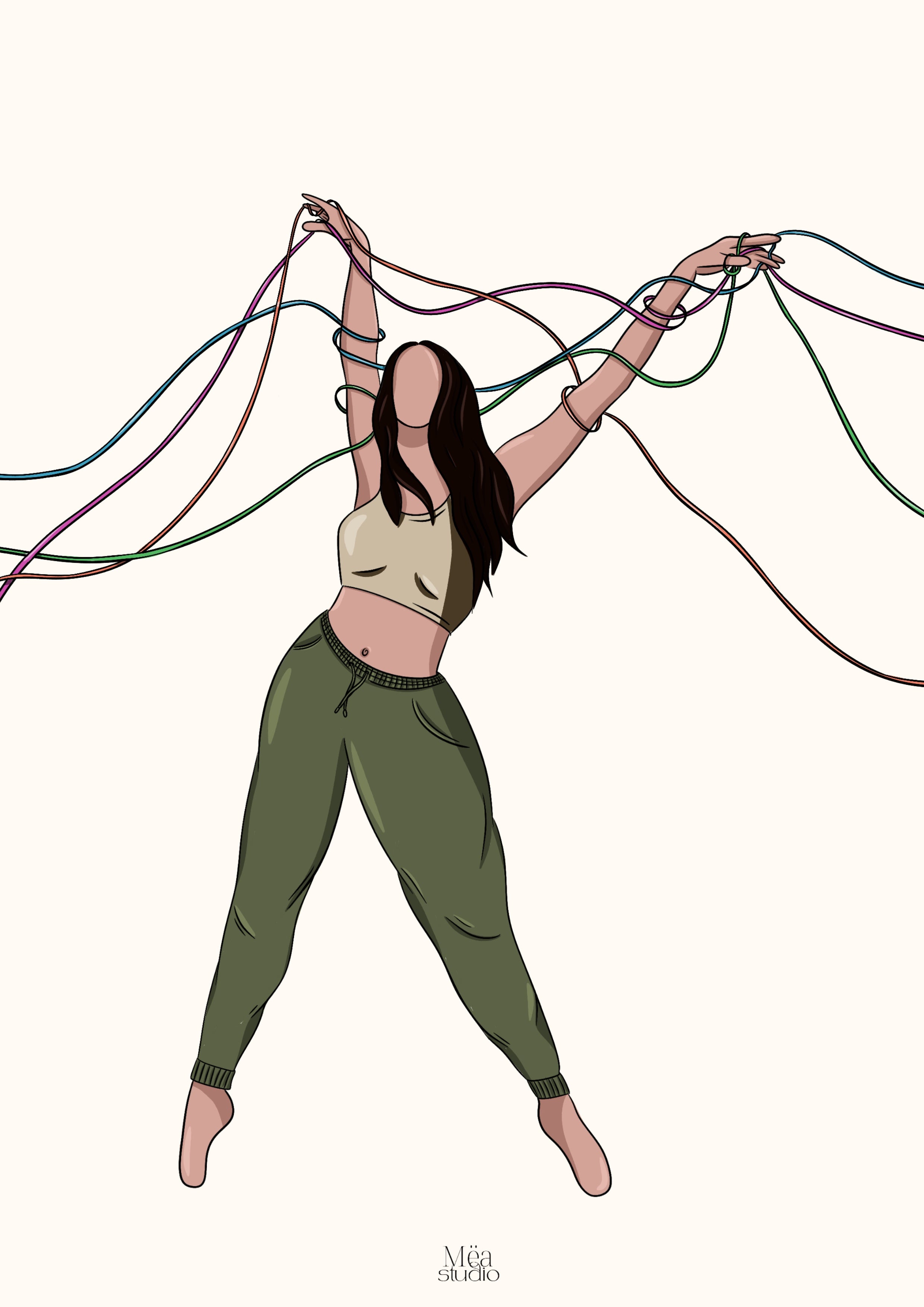 Illustration d’une femme avec des rubans qui s’entremêlent autour d’elle. 