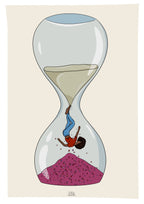 Illustration d’une femme qui tombe dans un sablier, en haut du sable et en bas des cœurs 