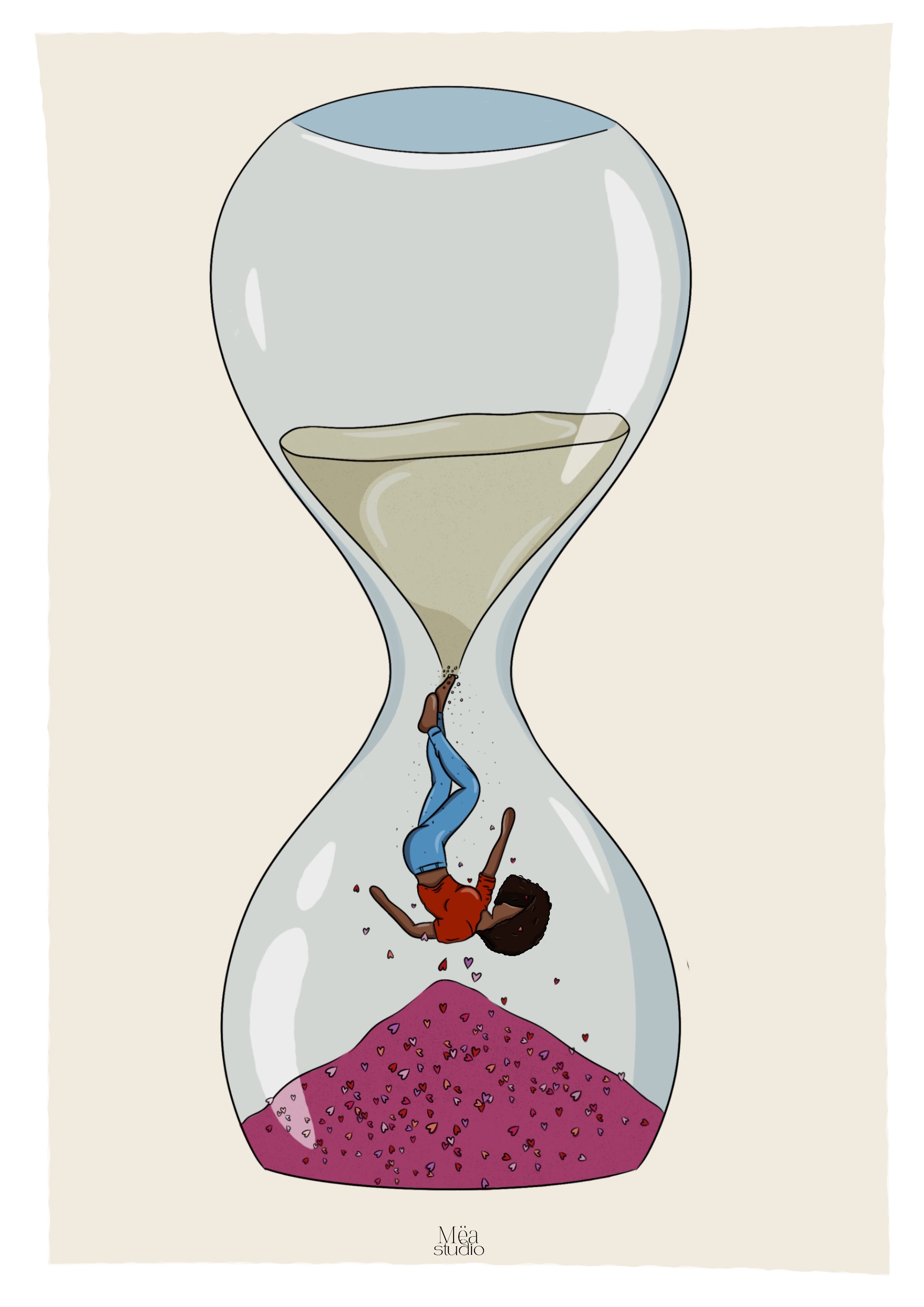 Illustration d’une femme qui tombe dans un sablier, en haut du sable et en bas des cœurs 