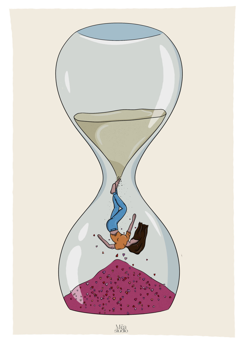 Femme qui tombe dans un sablier, en haut du sable et en bas des cœurs 