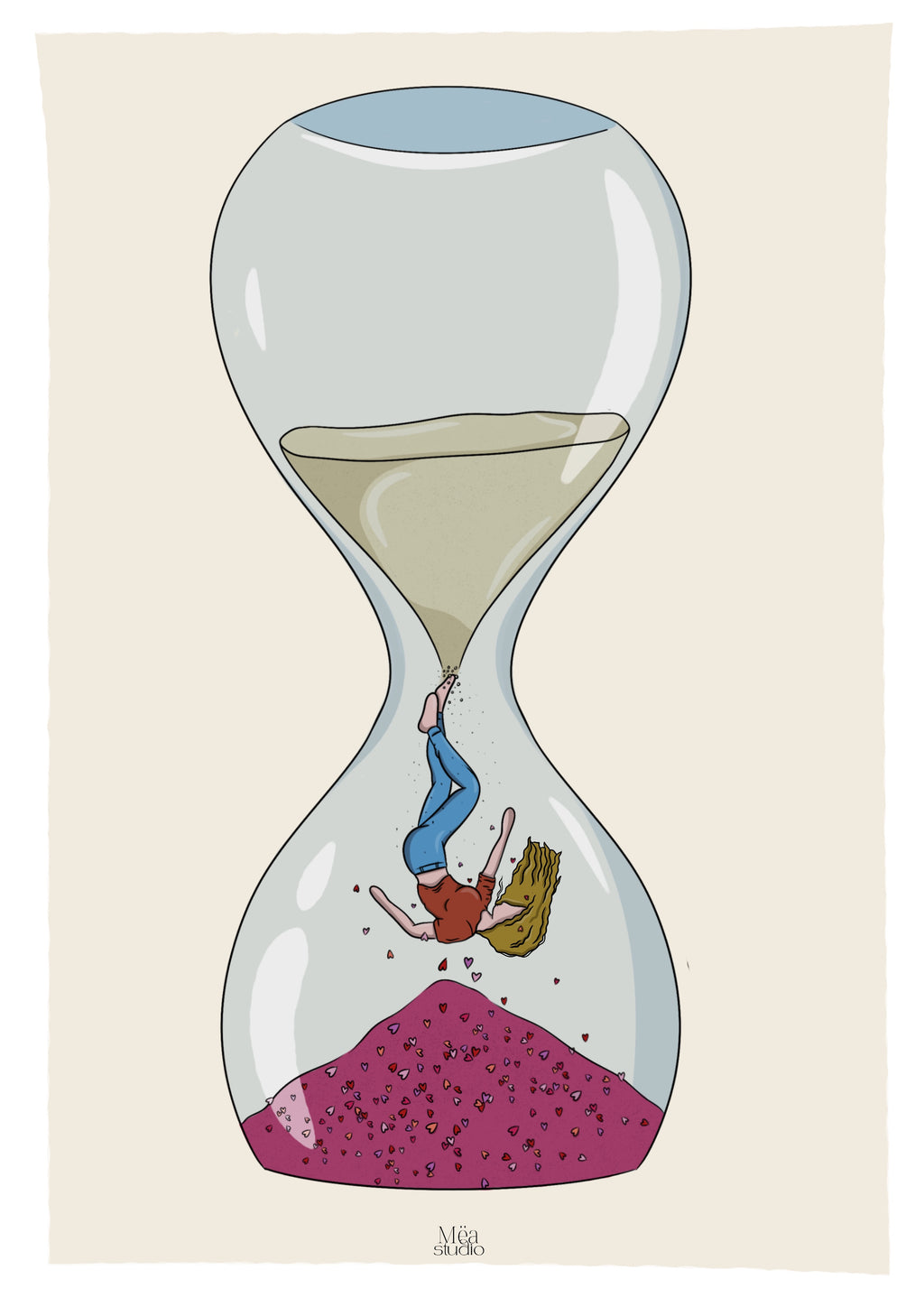 Illustration d’une femme qui tombe dans un sablier, en haut du sable et en bas des cœurs 