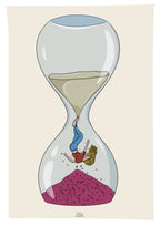 Illustration d’une femme qui tombe dans un sablier, en haut du sable et en bas des cœurs 