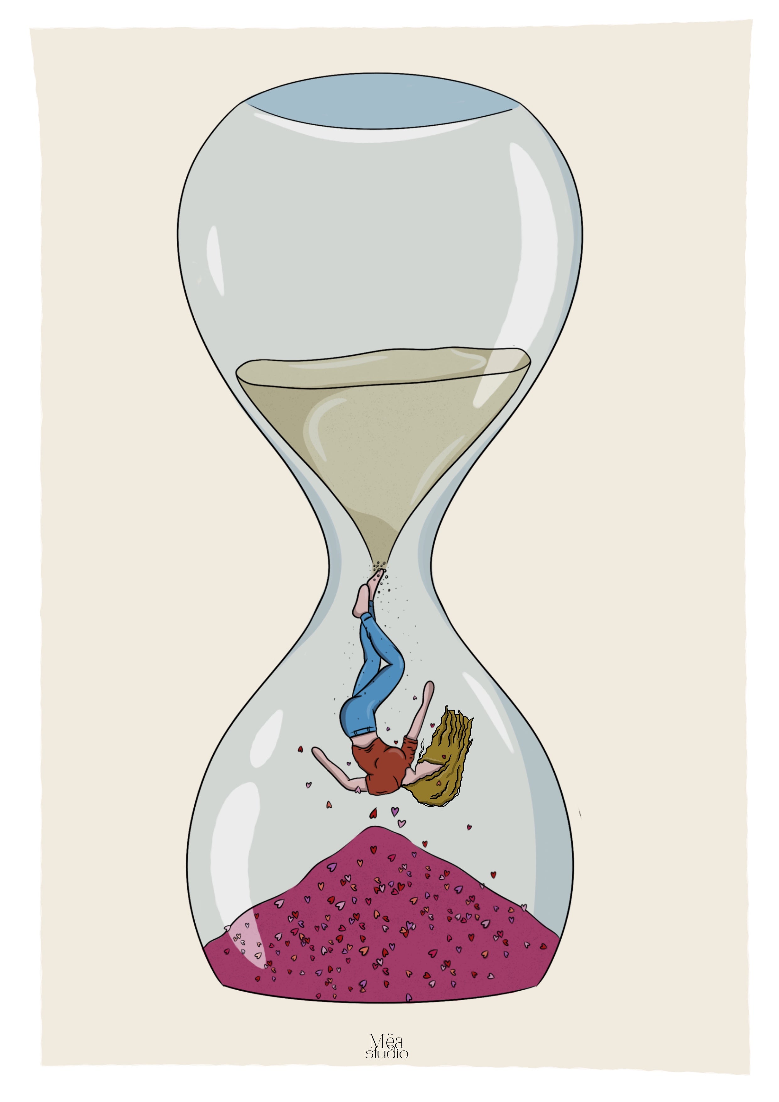 Illustration d’une femme qui tombe dans un sablier, en haut du sable et en bas des cœurs 