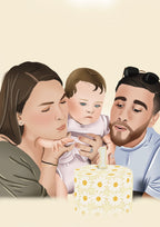 Portrait personnalisé d’un couple avec leur fille qui souffle une bougie 