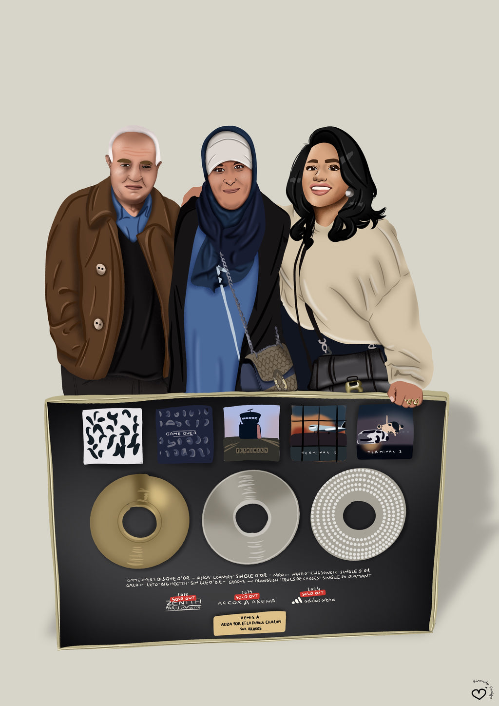 Portrait personnalisé de parents avec leur fille