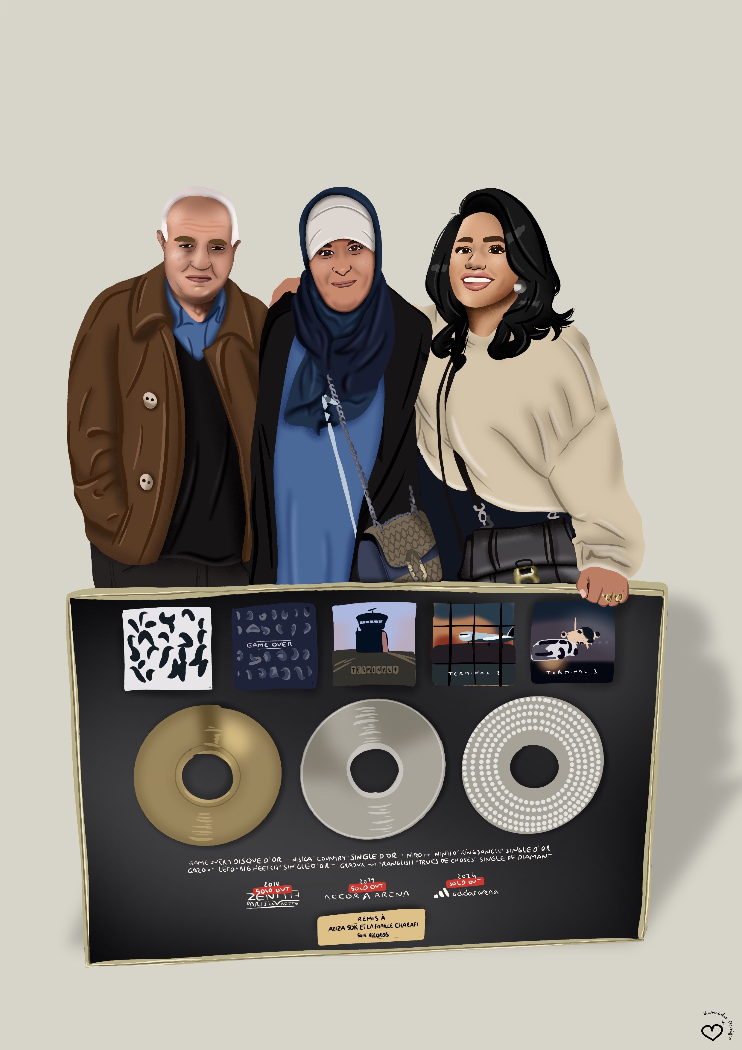 Portrait personnalisé de parents avec leur fille