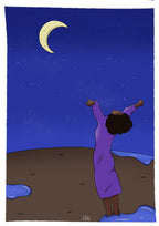 Illustration d’une femme face a la lune, les bras en l’air qui respire et qui est libre 