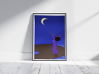 Image d’un cadre avec une Illustration d’une femme face a la lune, les bras en l’air qui respire et qui est libre 