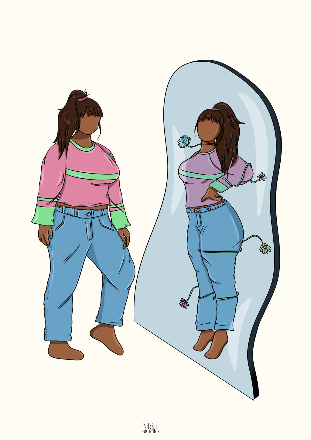 Illustration d'une femme se regarde dans un miroir et des fleurs l’encerclent 