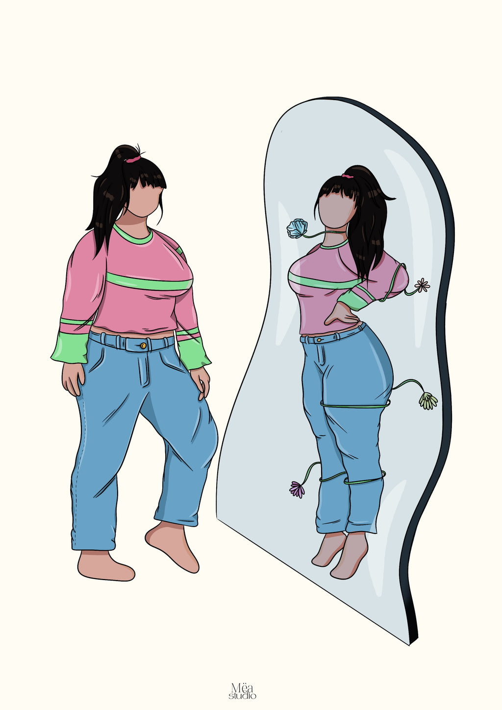 Illustration d'une femme se regarde dans un miroir et des fleurs l’encerclent 