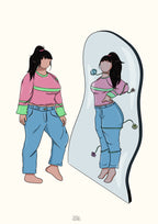 Illustration d'une femme se regarde dans un miroir et des fleurs l’encerclent 