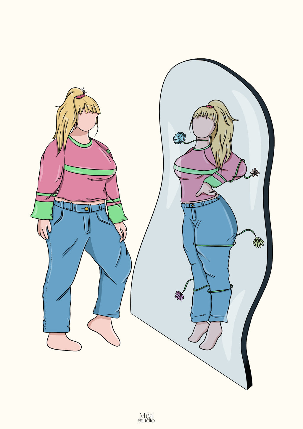 Illustration d'une femme se regarde dans un miroir et des fleurs l’encerclent 