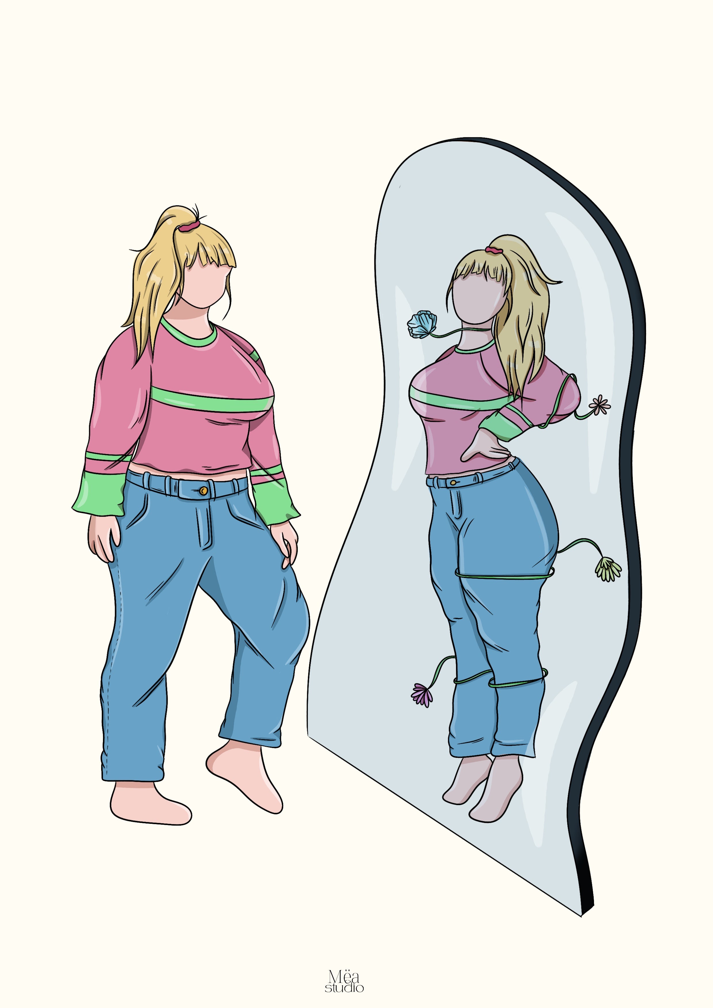 Illustration d'une femme se regarde dans un miroir et des fleurs l’encerclent 