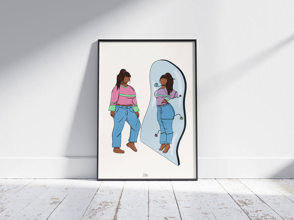 Image d’un cadre avec l’Illustration d'une femme se regarde dans un miroir et des fleurs l’encerclent 