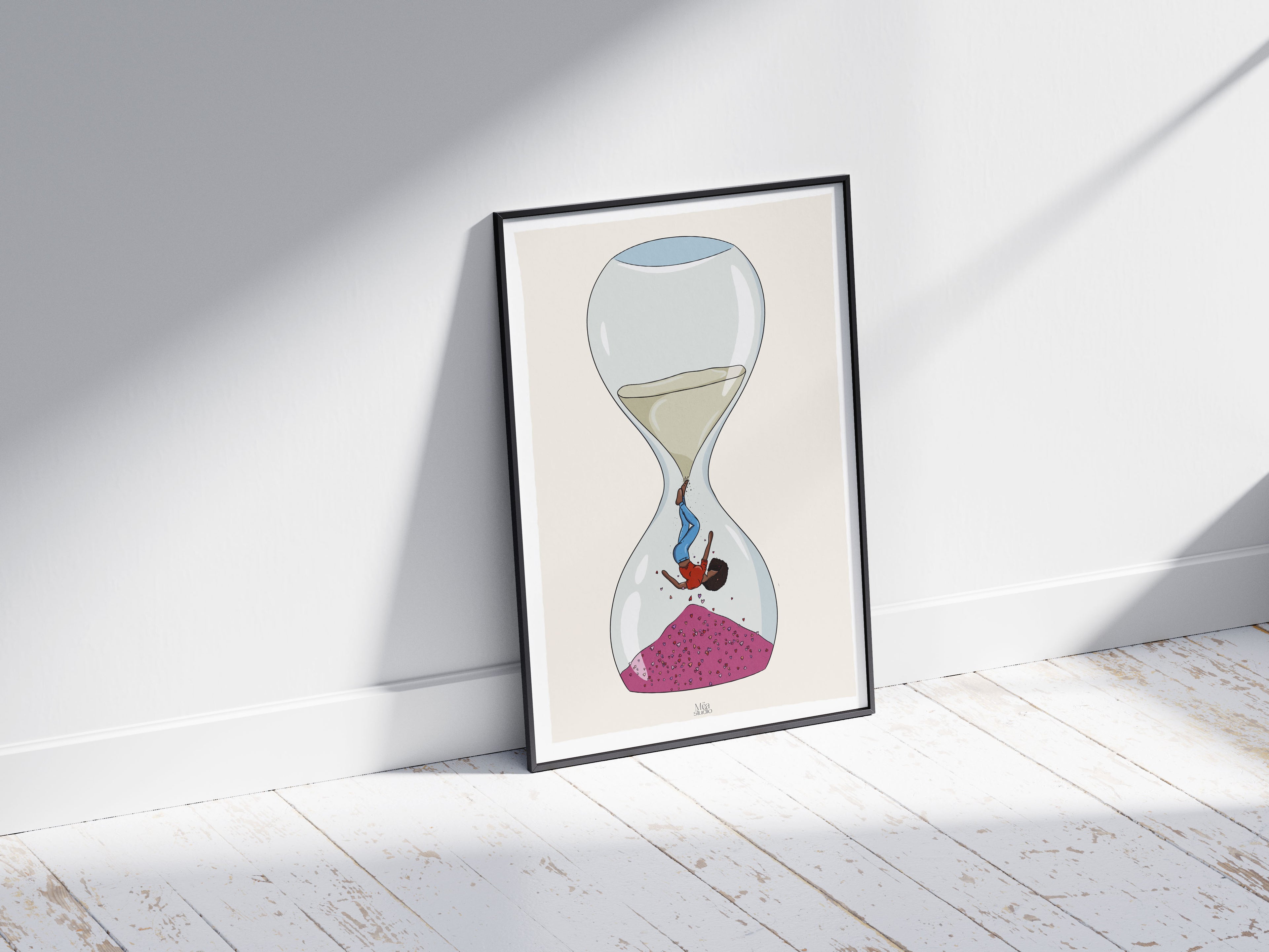 Image d’un cadre d’une Illustration d’une femme qui tombe dans un sablier, en haut du sable et en bas des cœurs 