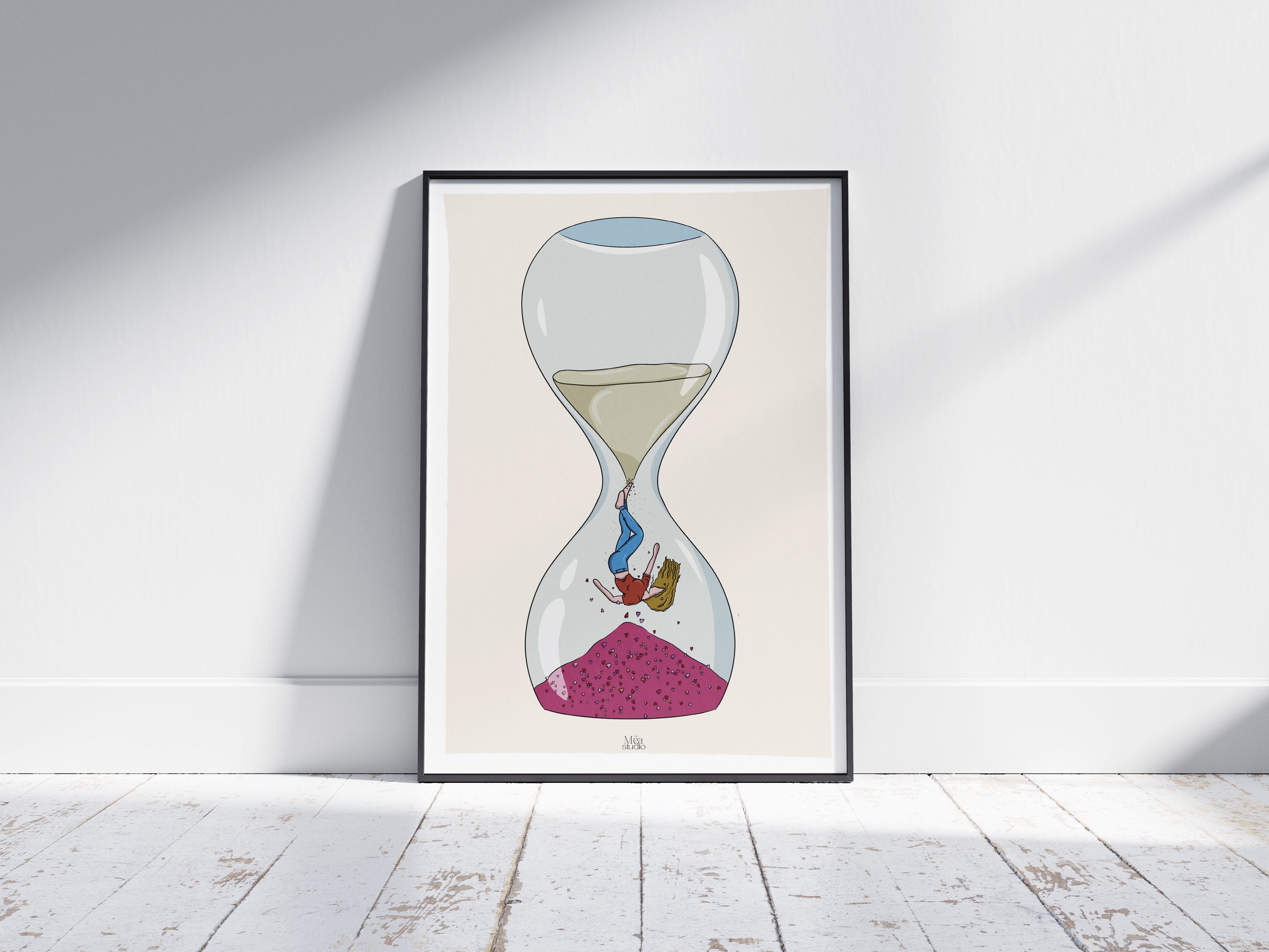 Image d’un cadre d’une Illustration d’une femme qui tombe dans un sablier, en haut du sable et en bas des cœurs 