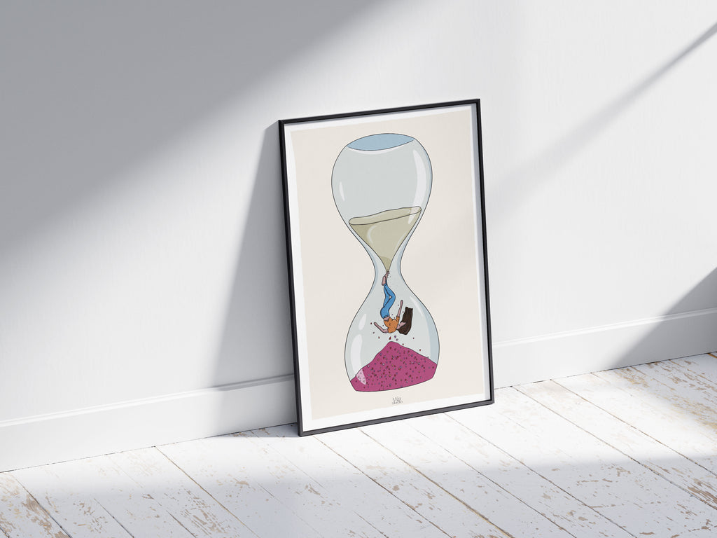 Image d’un cadre d’une Illustration d’une femme qui tombe dans un sablier, en haut du sable et en bas des cœurs 