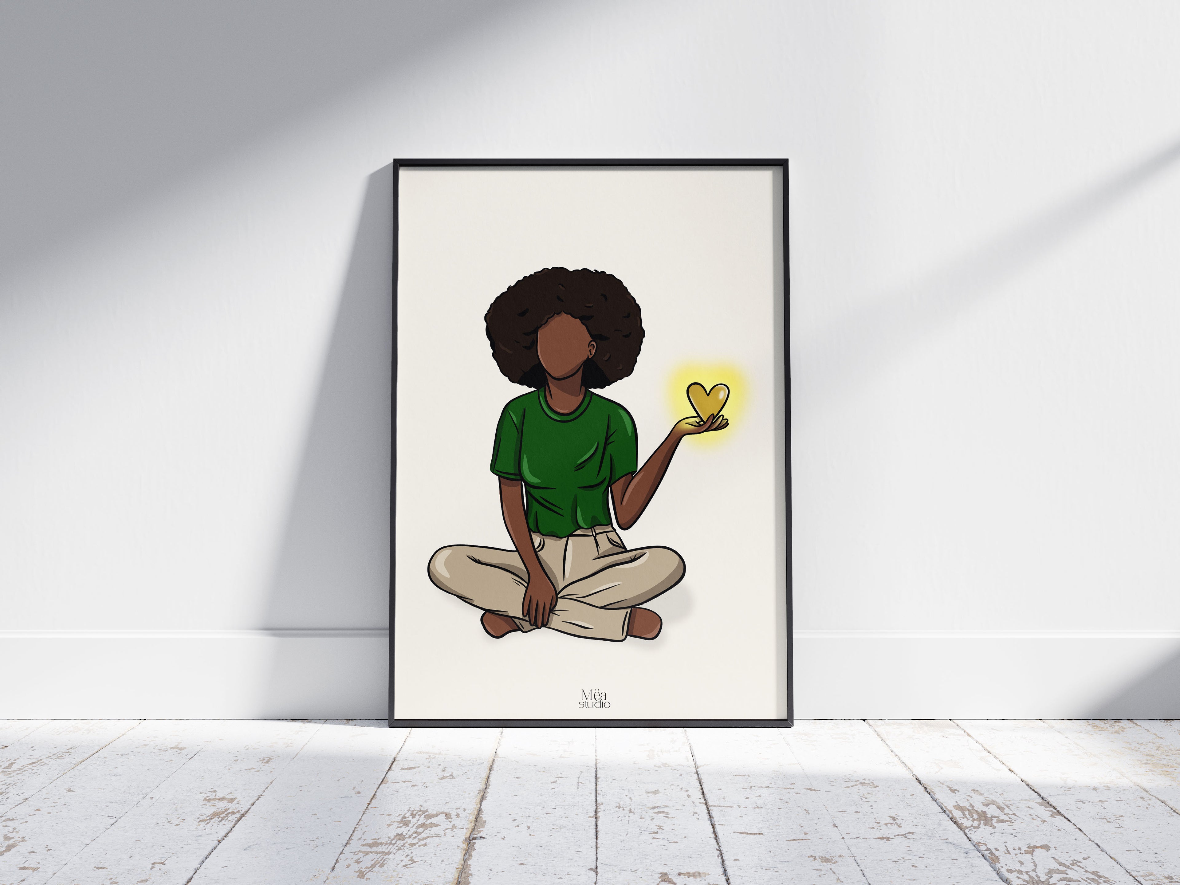 Image d’un cadre avec l’Illustration d’une femme assise par terre, avec un cœur dans sa main qui s’illumine comme le soleil 