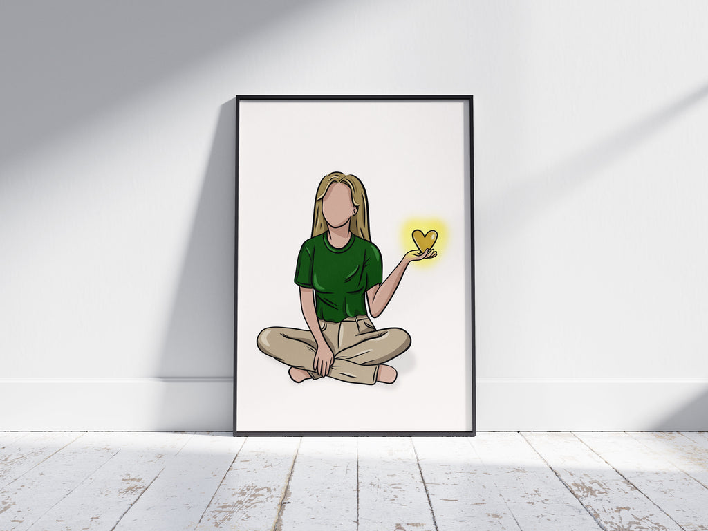 Image d’un cadre avec l’Illustration d’une femme assise par terre, avec un cœur dans sa main qui s’illumine comme le soleil 