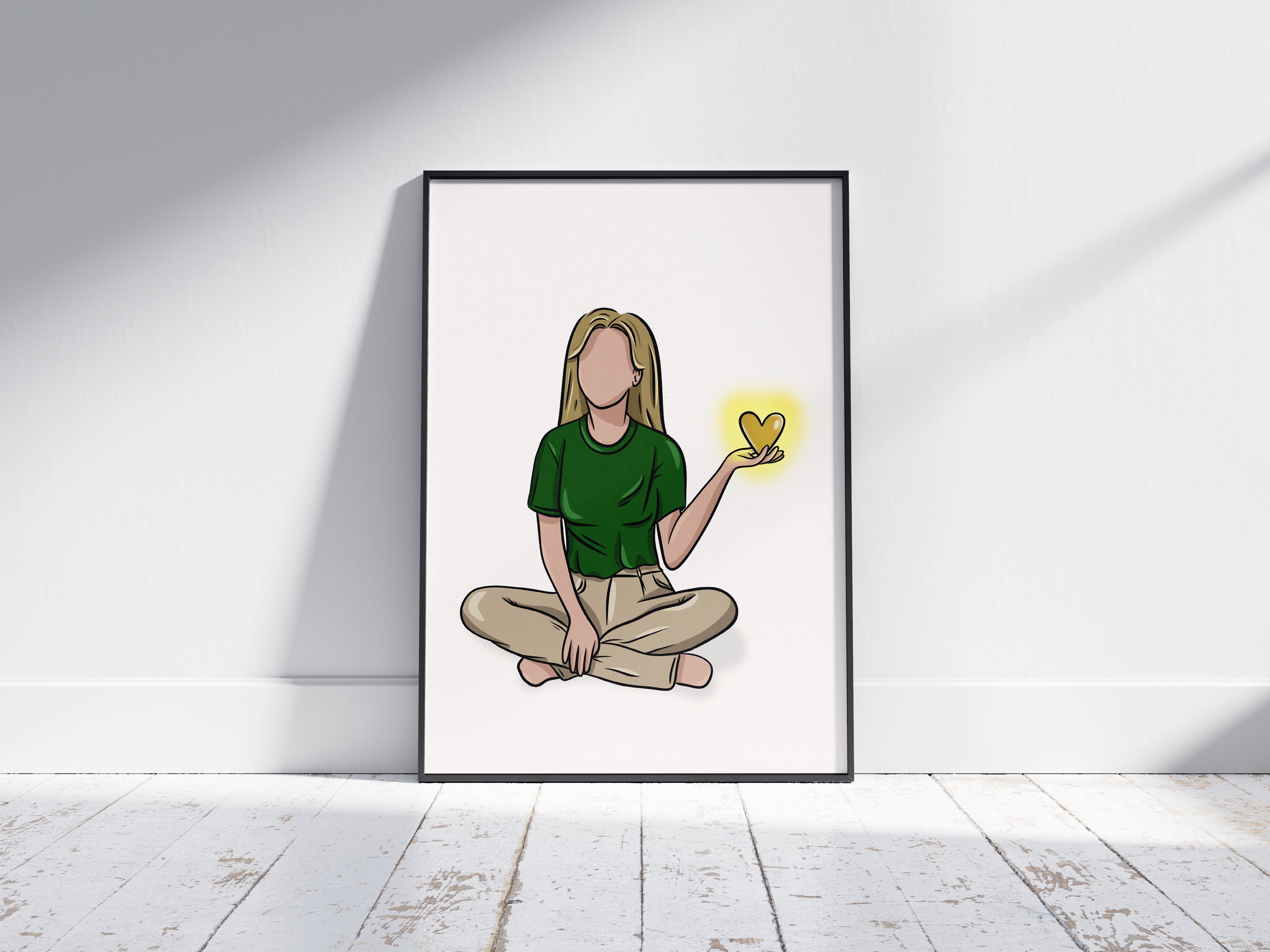 Image d’un cadre avec l’Illustration d’une femme assise par terre, avec un cœur dans sa main qui s’illumine comme le soleil 