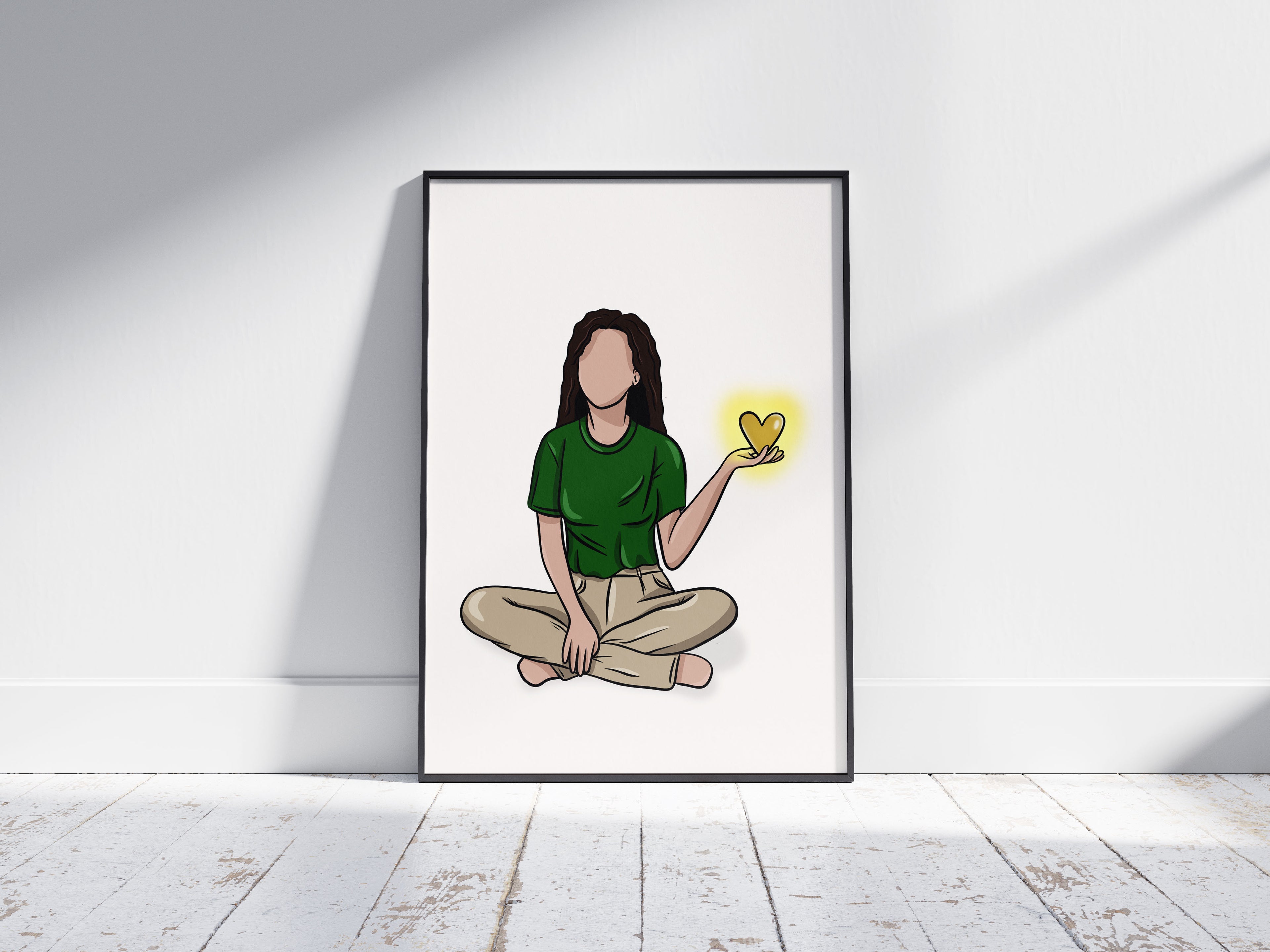 Image d’un cadre avec l’Illustration d’une femme assise par terre, avec un cœur dans sa main qui s’illumine comme le soleil 